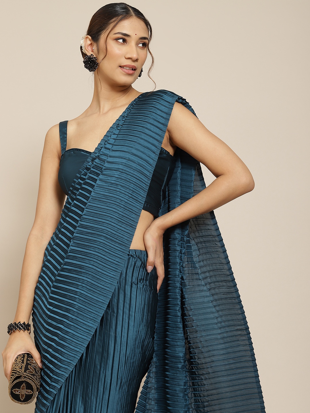 

Warthy Ent Teal Blue Solid Accordion Pleated Satin Mysore Silk Saree