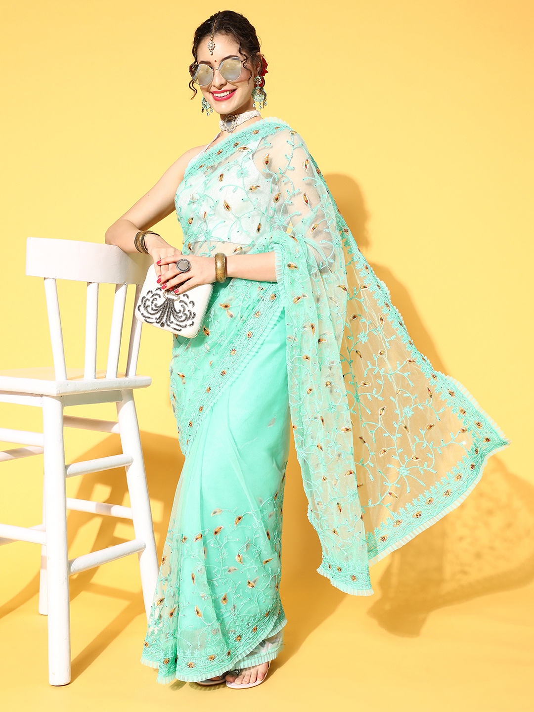 

Chhabra 555 Ethnic Motifs Saree with Embroidered border, Sea green