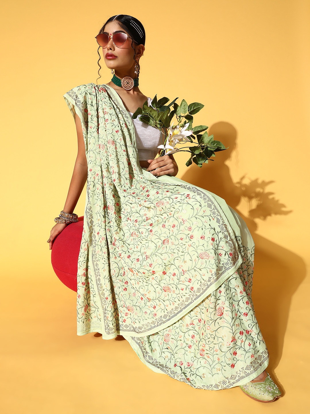 

Chhabra 555 Ethnic Motifs Saree with Embellished border, Green