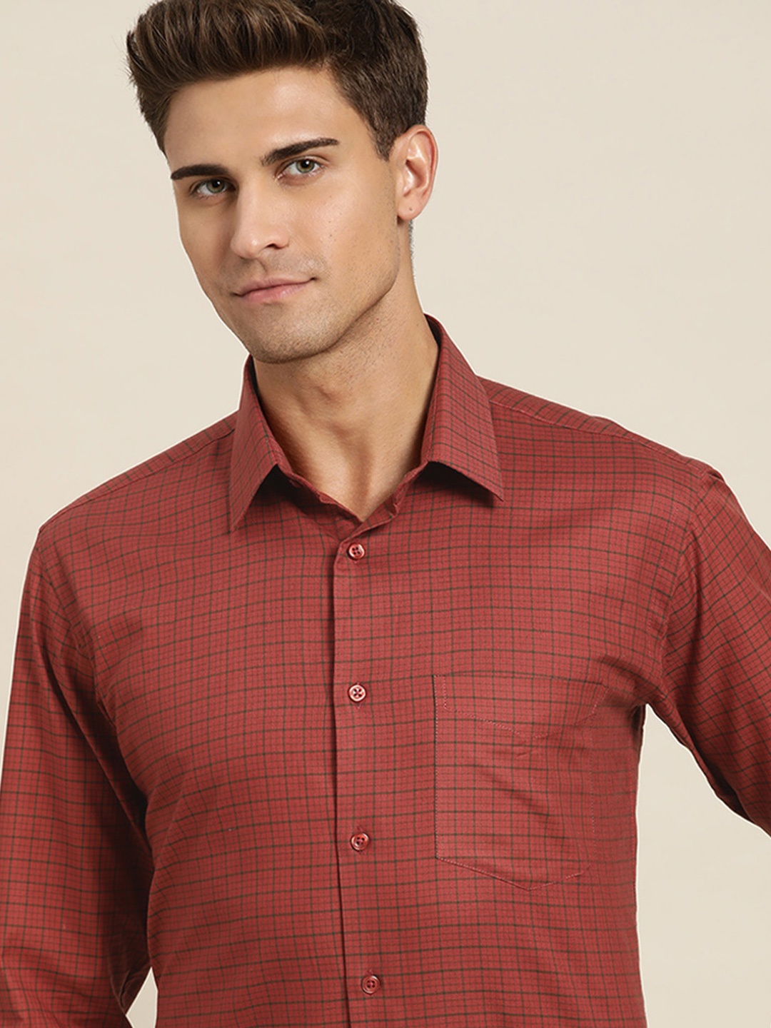 

Hancock Men Maroon Slim Fit Checked Pure Cotton Formal Shirt