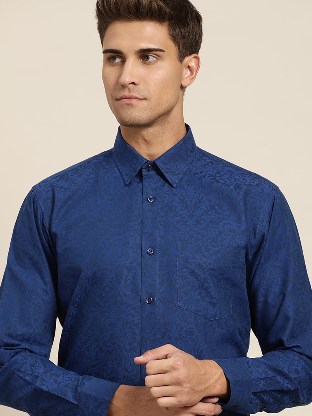 

Hancock Men Navy Blue Self Design Pure Cotton Slim Fit Formal Shirt