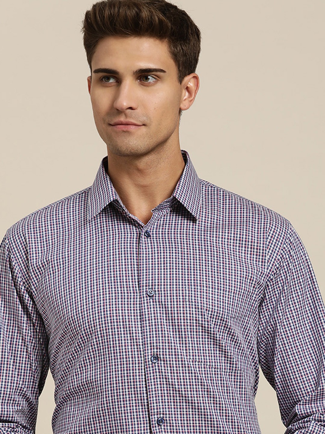 

Hancock Men Navy Blue & White Slim Fit Micro Checks Formal Shirt