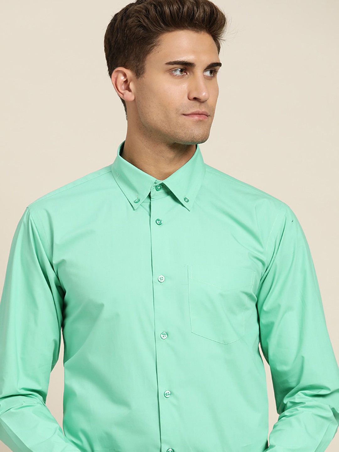 

Hancock Men Green Solid Pure Cotton Slim Fit Formal Shirt