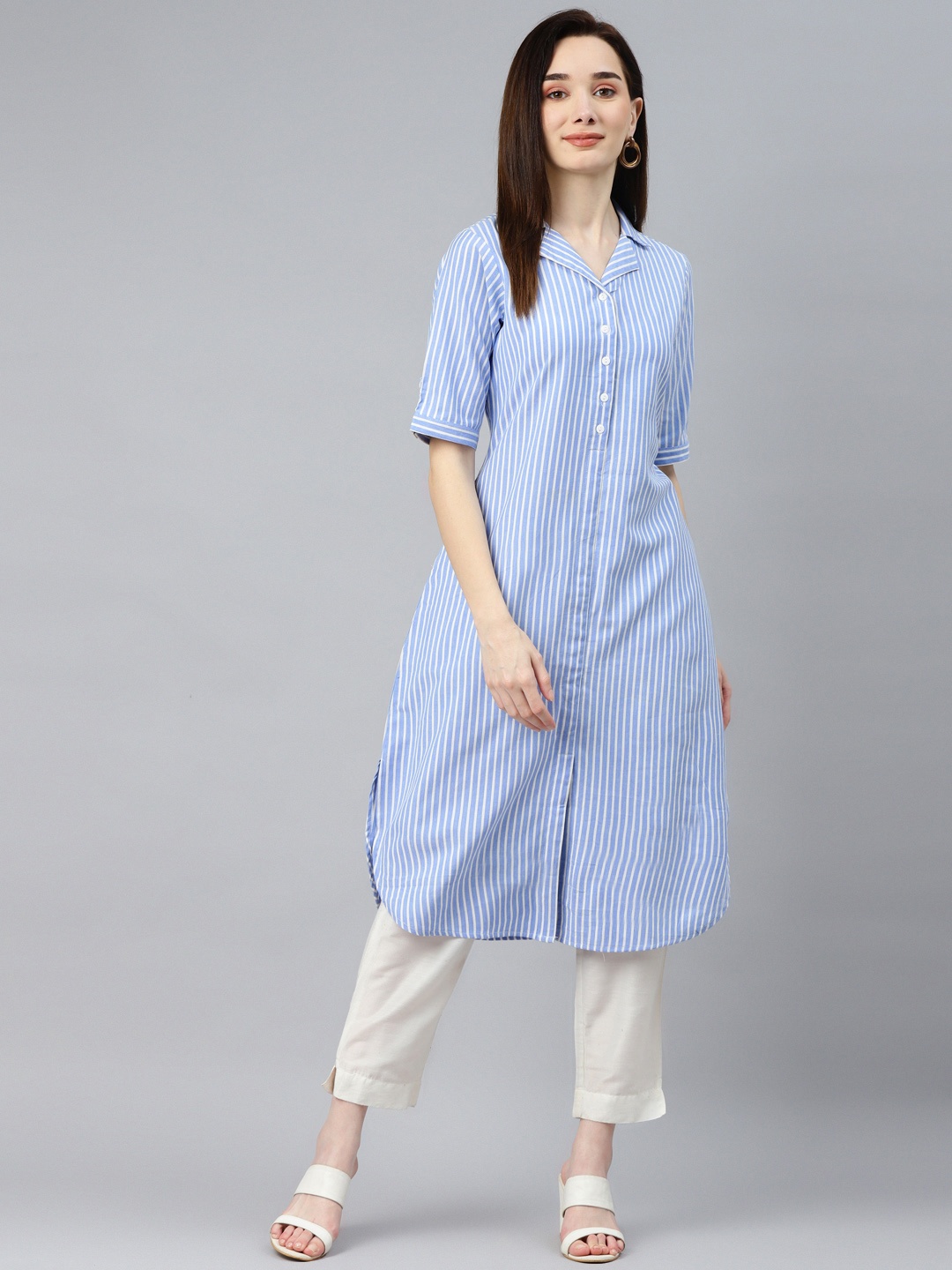 

Ayaany Women Blue & White Striped Cotton Kurta