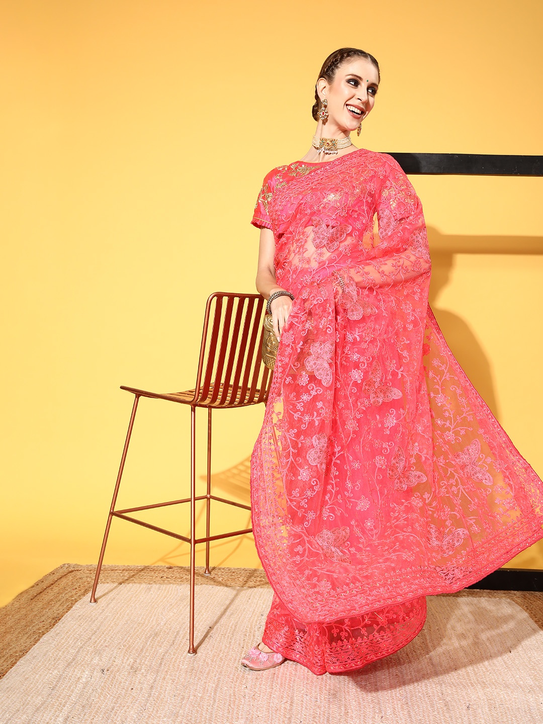

Chhabra 555 Ethnic Motifs Saree with Embroidered Border, Coral