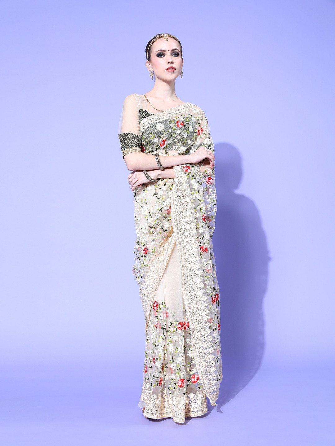 

Chhabra 555 Floral Saree with Embroidered Border, Cream