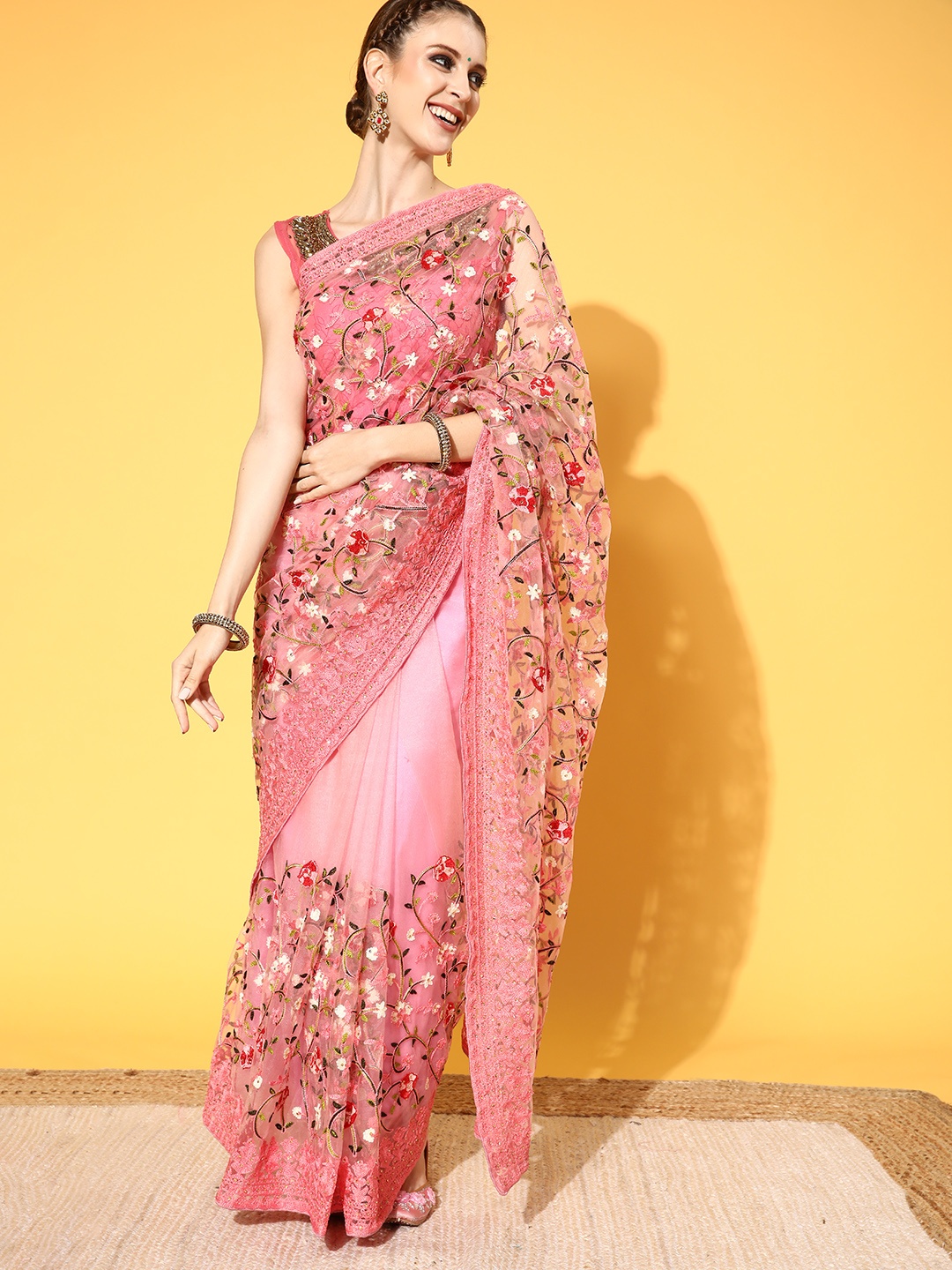 

Chhabra 555 Floral Saree with Embroidered Border, Pink