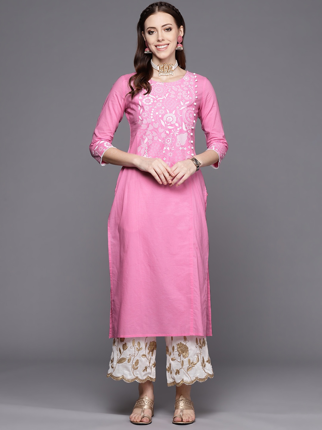 

Varanga Women Pink Ethnic Motifs Yoke Design Kurta