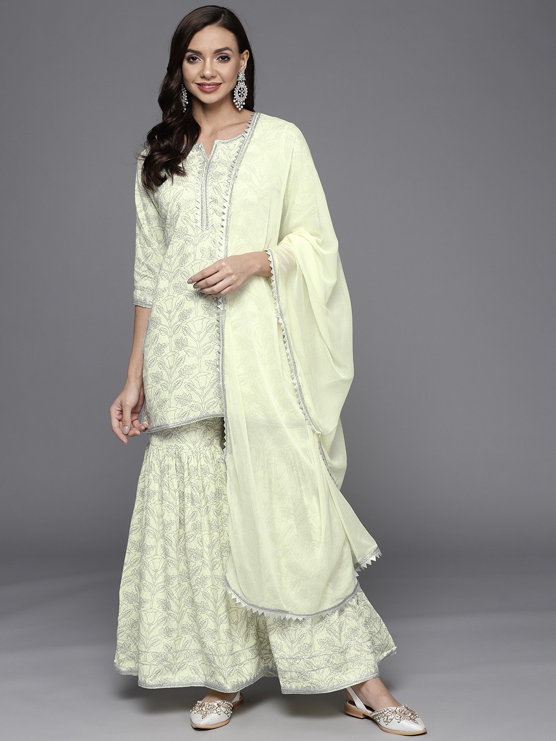 

Libas Women Cream-Coloured Floral Printed Pure Cotton Kurta with Sharara & With Dupatta, Yellow
