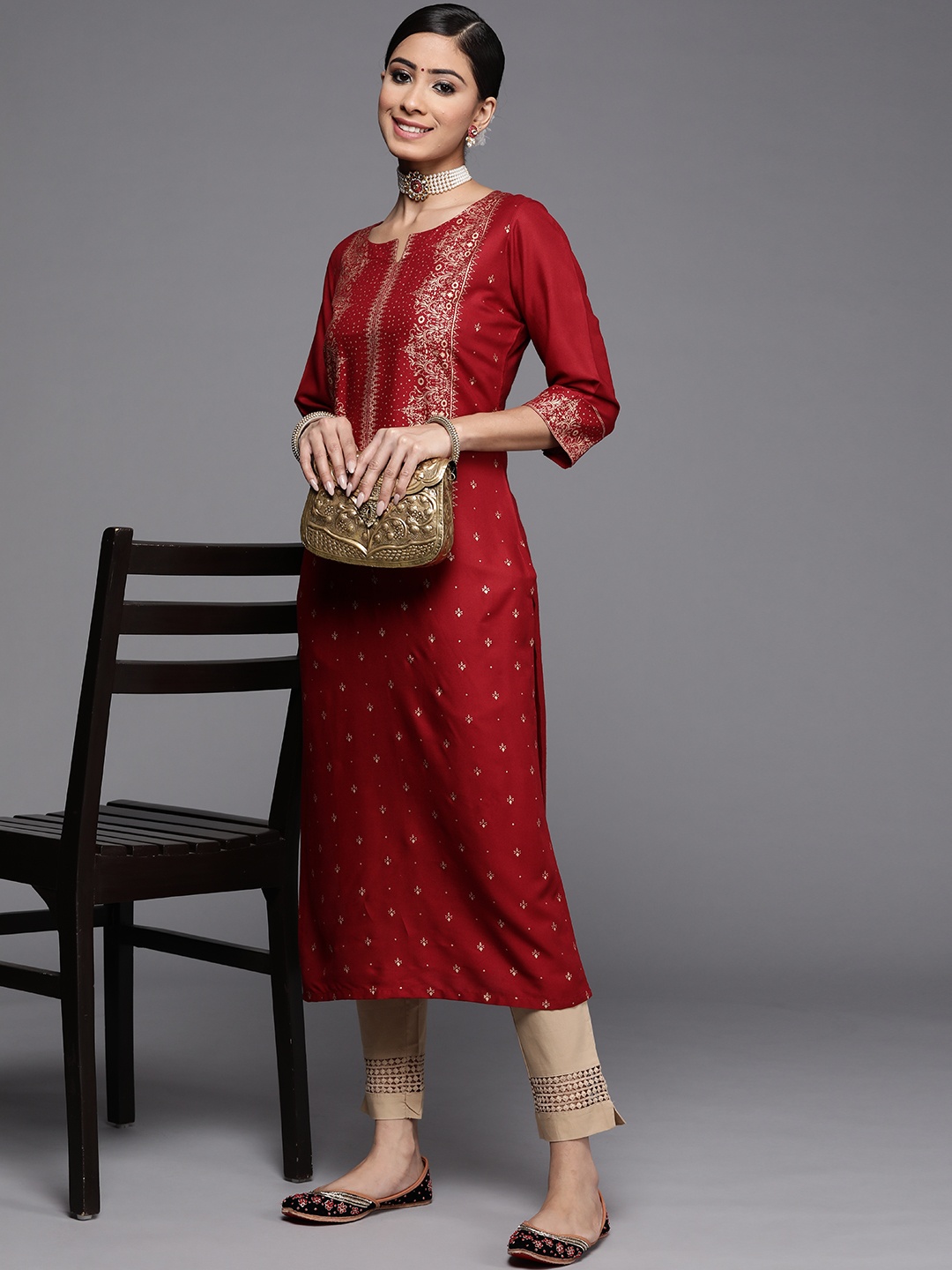 

Libas Women Red & Gold-Toned Ethnic Motifs Printed Kurta