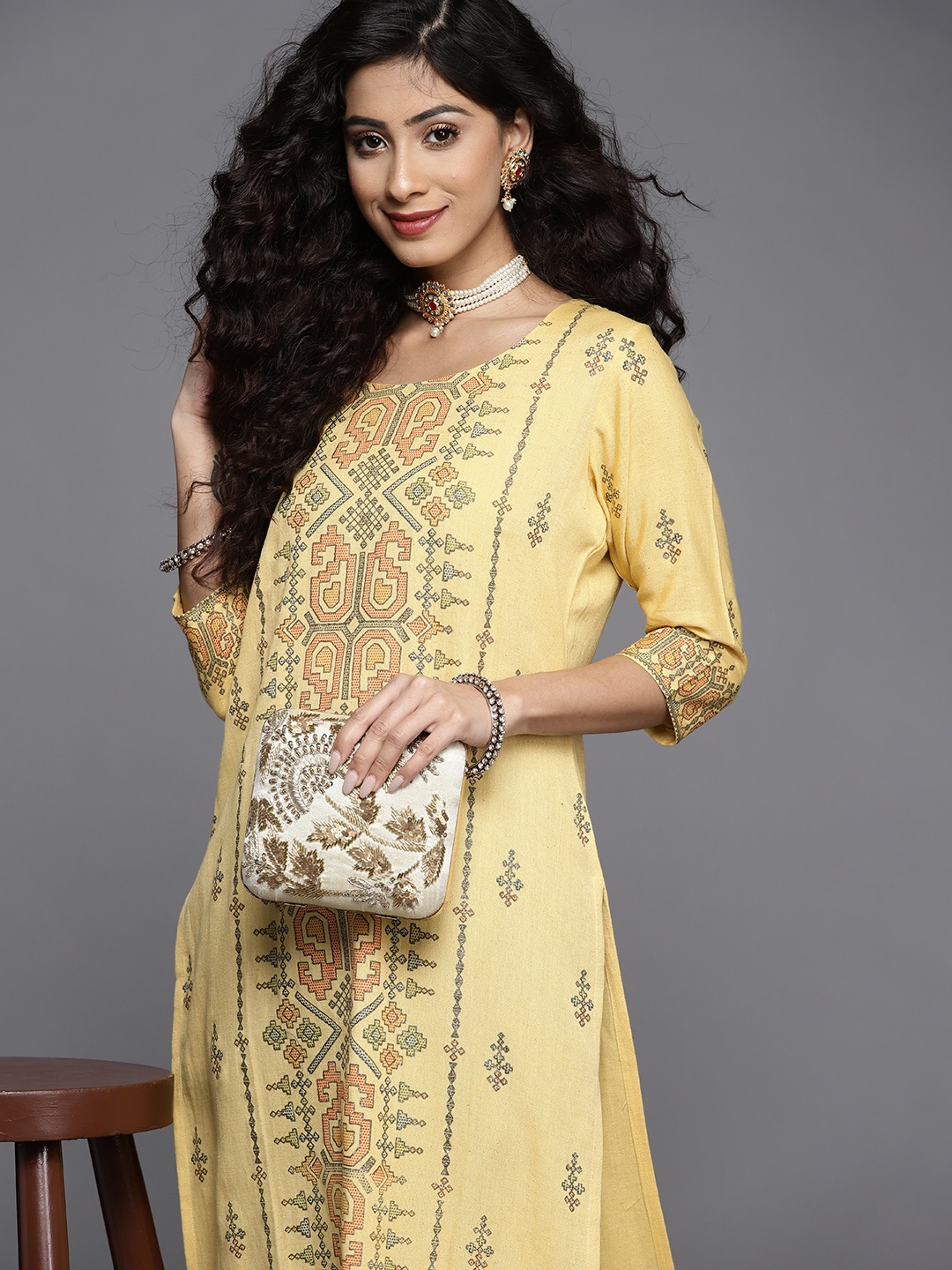 

Libas Women Yellow & Orange Geometric Printed Pastel Kurta