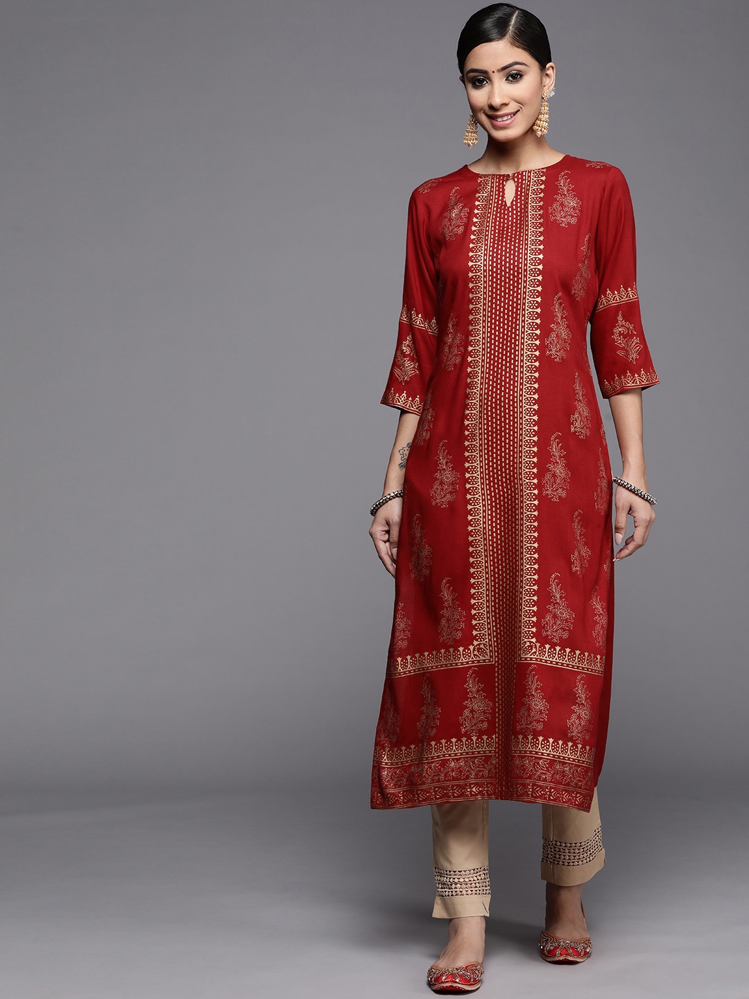 

Libas Women Red & Gold-Toned Ethnic Motifs Printed Keyhole Neck Kurta