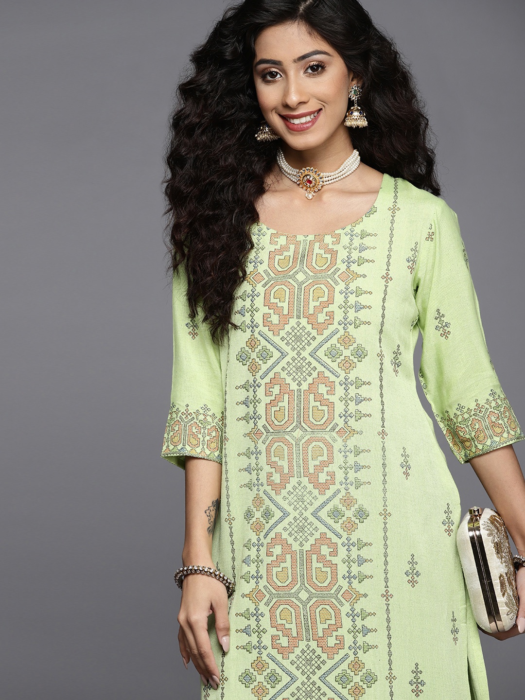 

Libas Women Green & Orange Geometric Printed Cotton Kurta