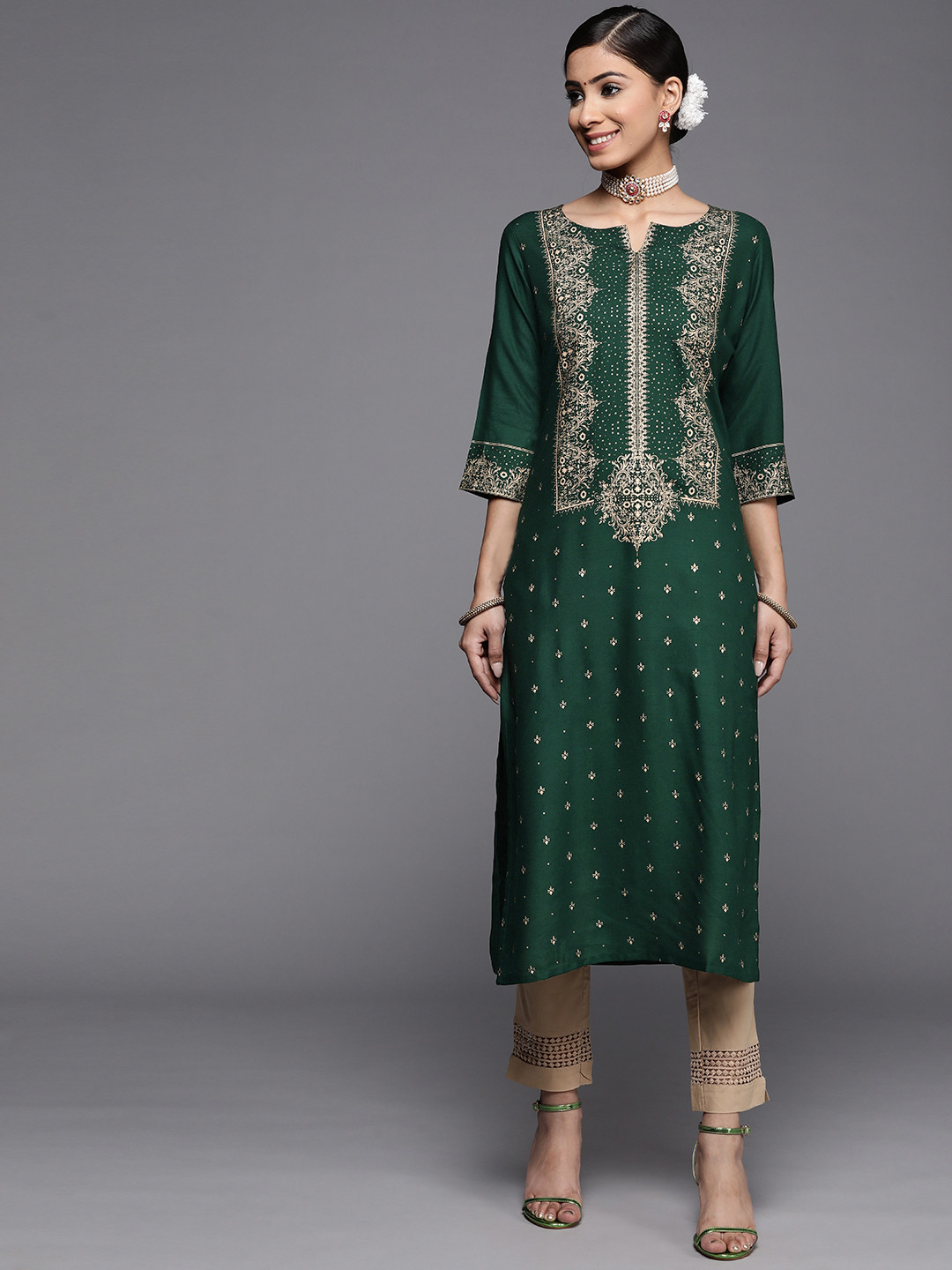 

Libas Women Green & Gold-Toned Ethnic Motifs Printed Kurta