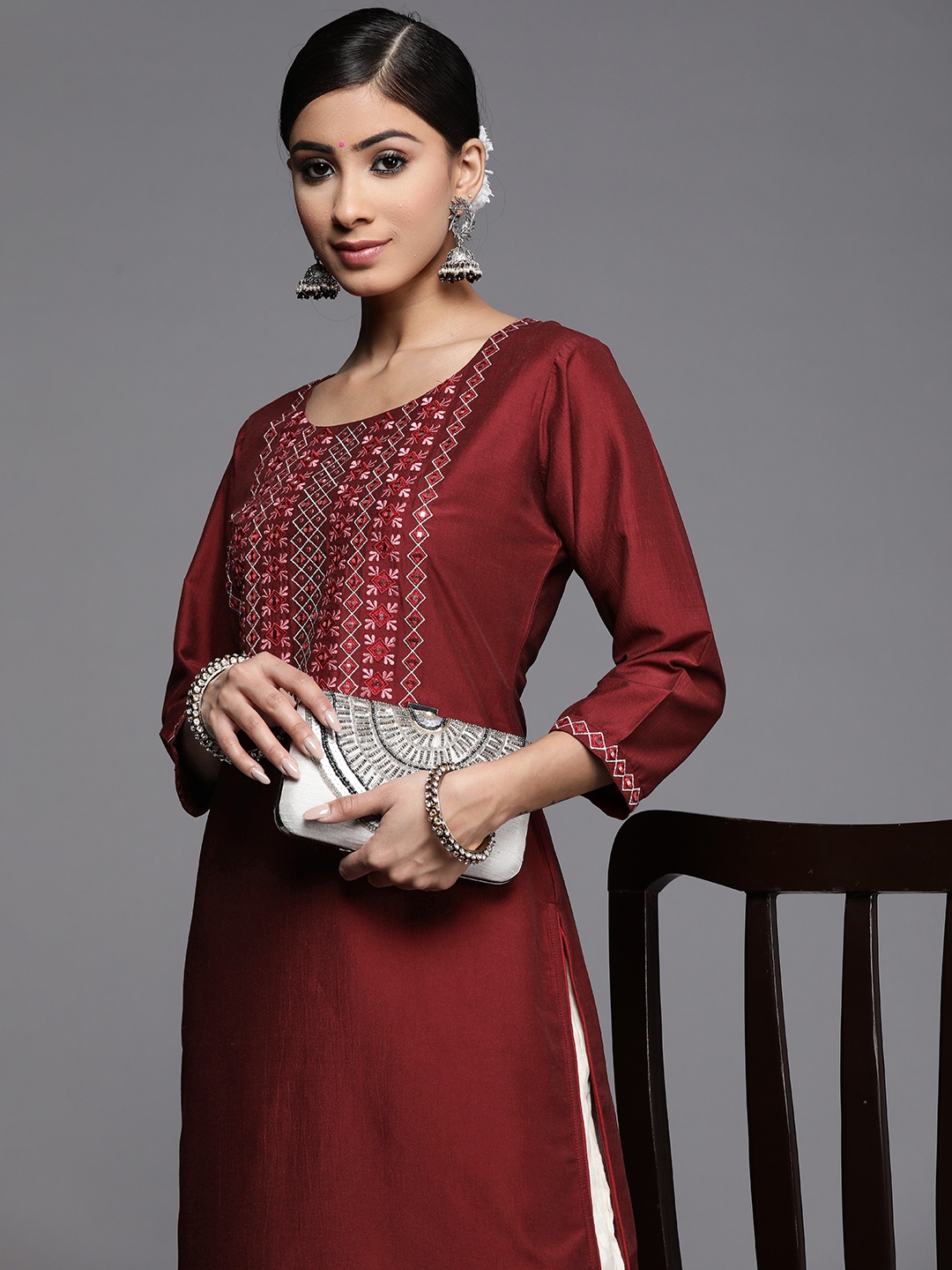 

Libas Women Maroon Yoke Design Mirror Work Kurta