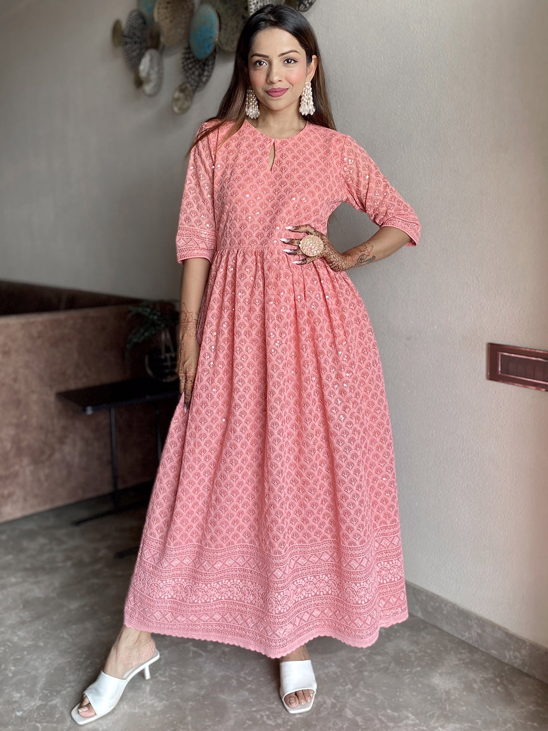 

Libas Peach-Coloured Embellished Embroidered Keyhole Neck Georgette Ethnic Maxi Dress
