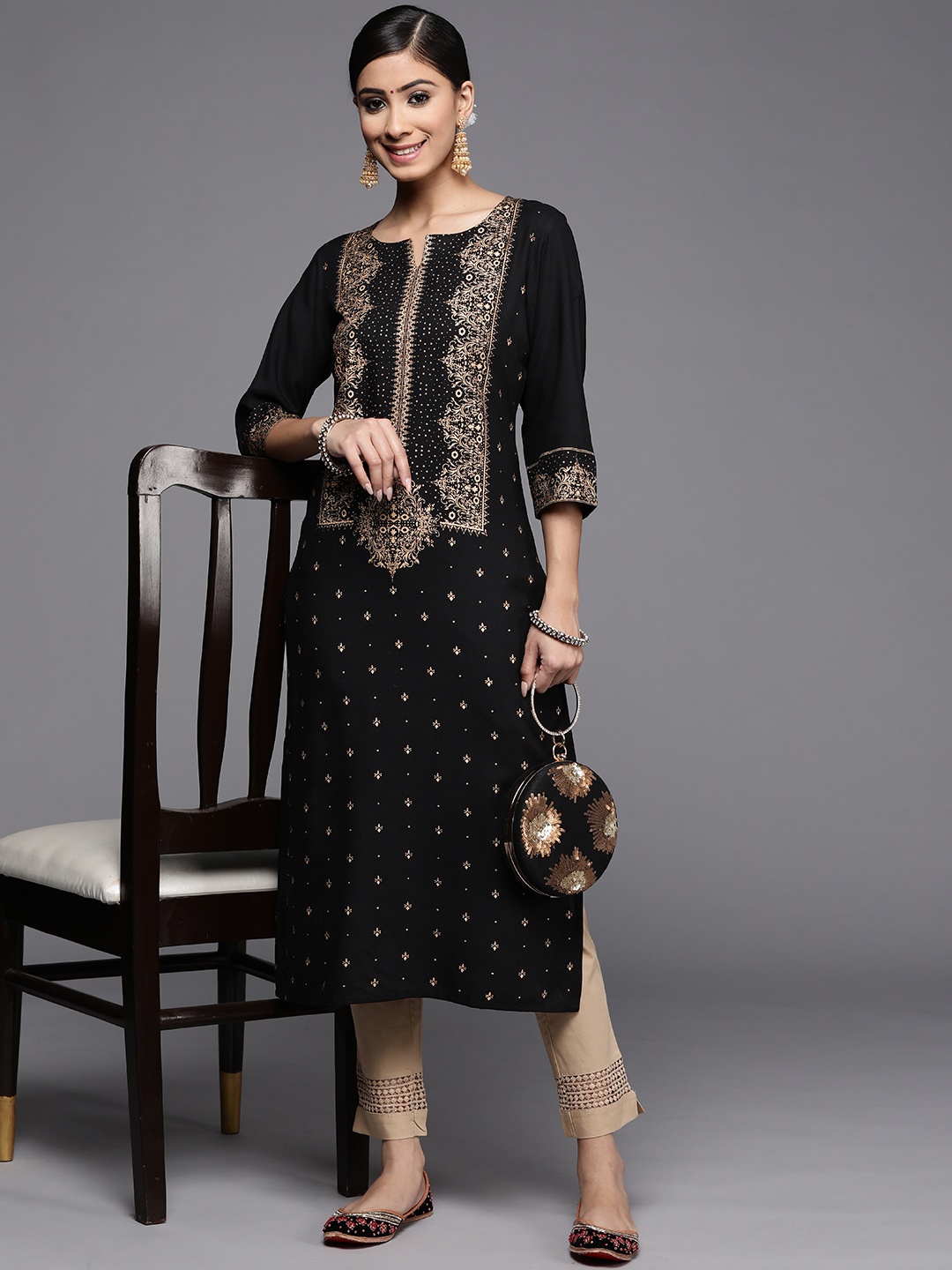 

Libas Women Black & Gold-Toned Ethnic Motifs Printed Kurta