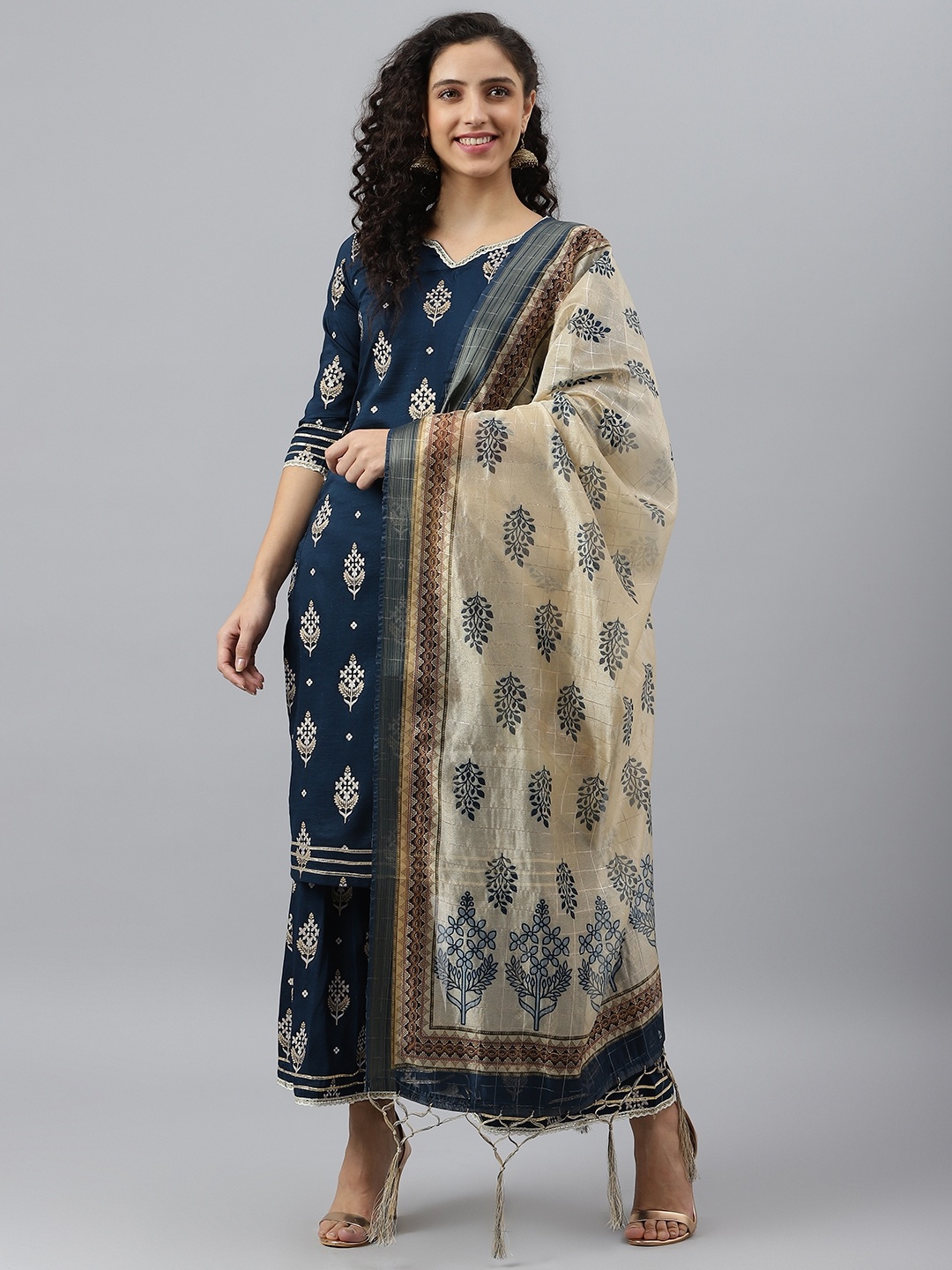 

V TRADITION Women Navy Blue Ethnic Motifs Printed Kurta with Sharara & Dupatta