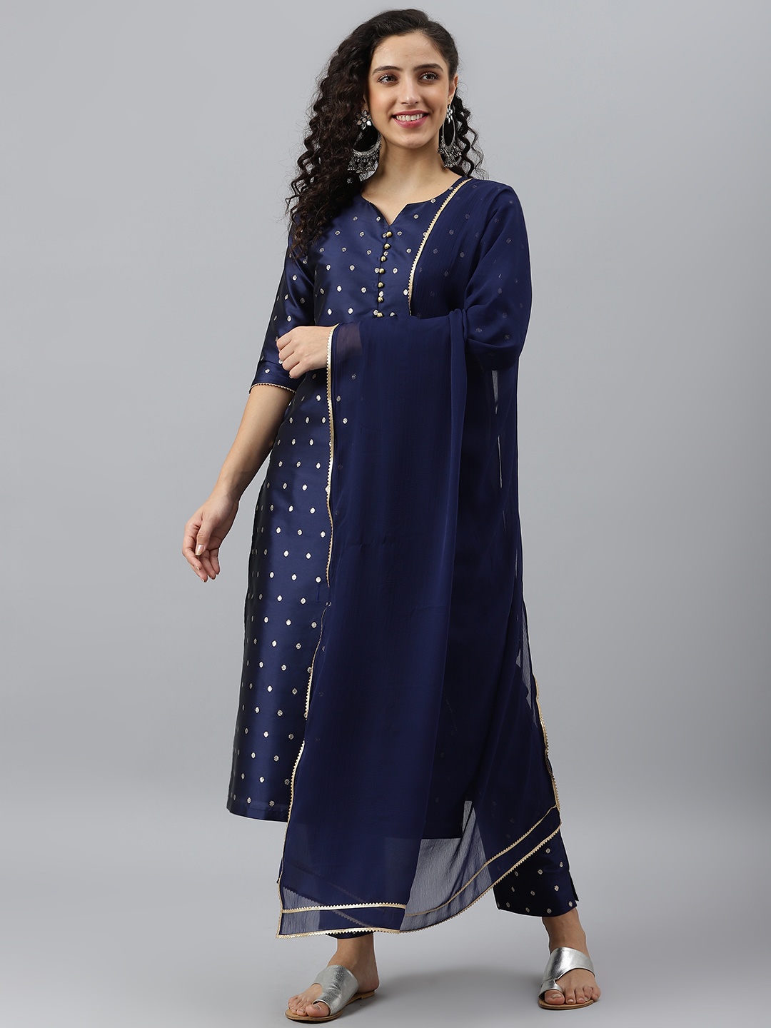 

V TRADITION Women Navy Blue Woven Design Kurta with Trousers & Dupatta