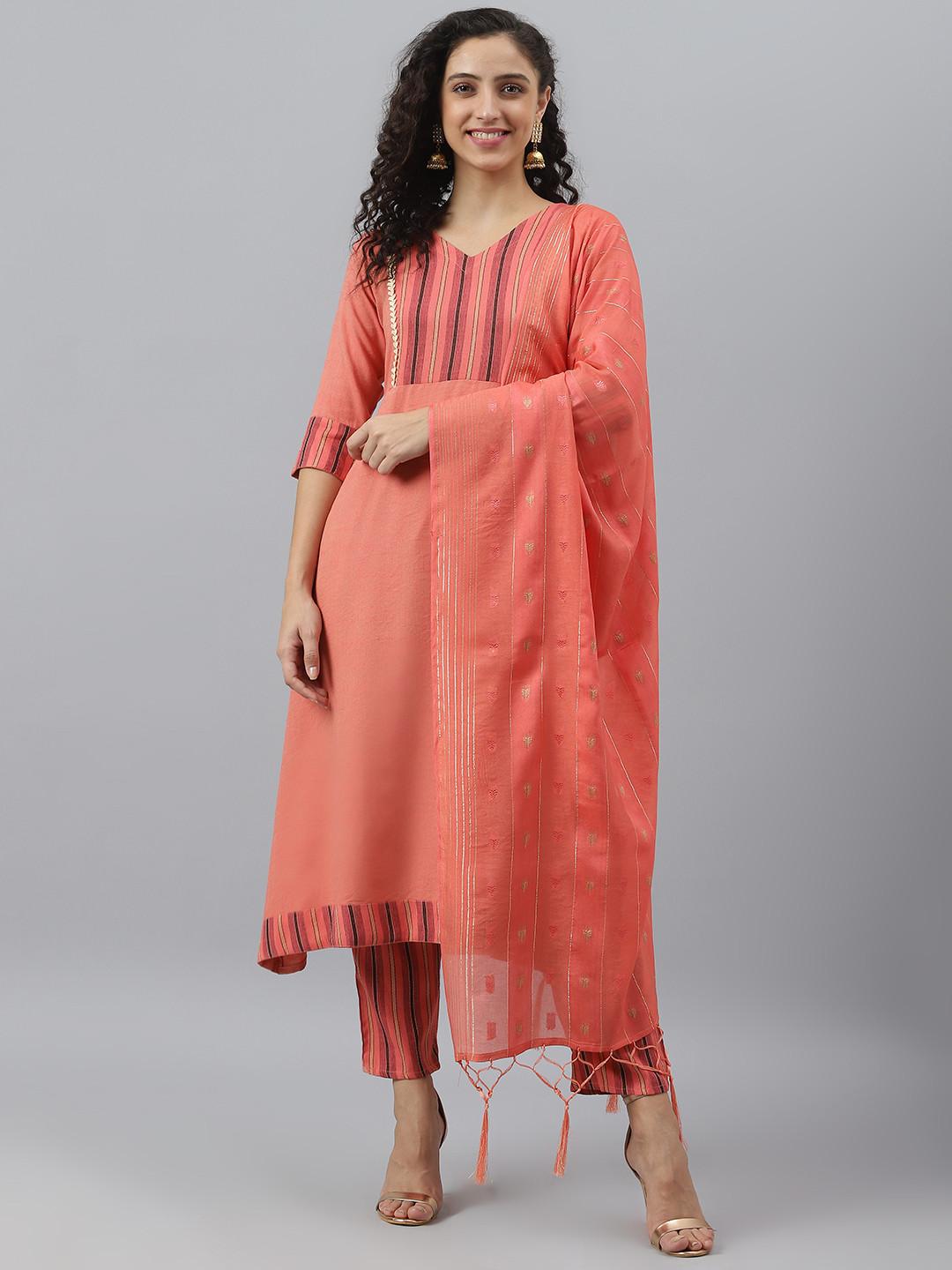 

V TRADITION Women Orange Yoke Design Kurta with Trousers & Dupatta