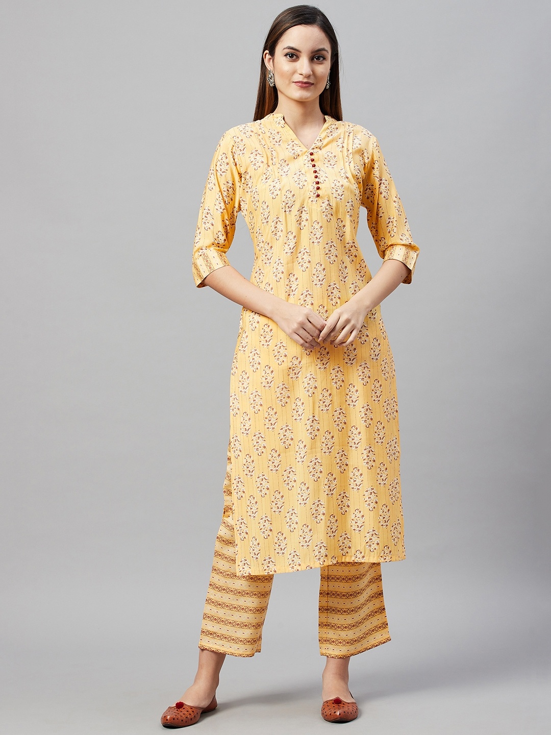 

V TRADITION Women Yellow & Red Floral Print Kurta with Trousers