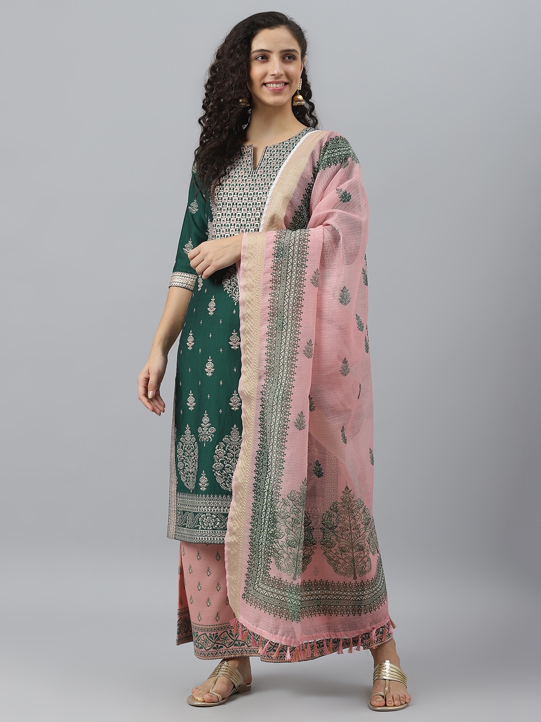 

V TRADITION Women Green Ethnic Motifs Printed Kurta with Palazzos & Dupatta