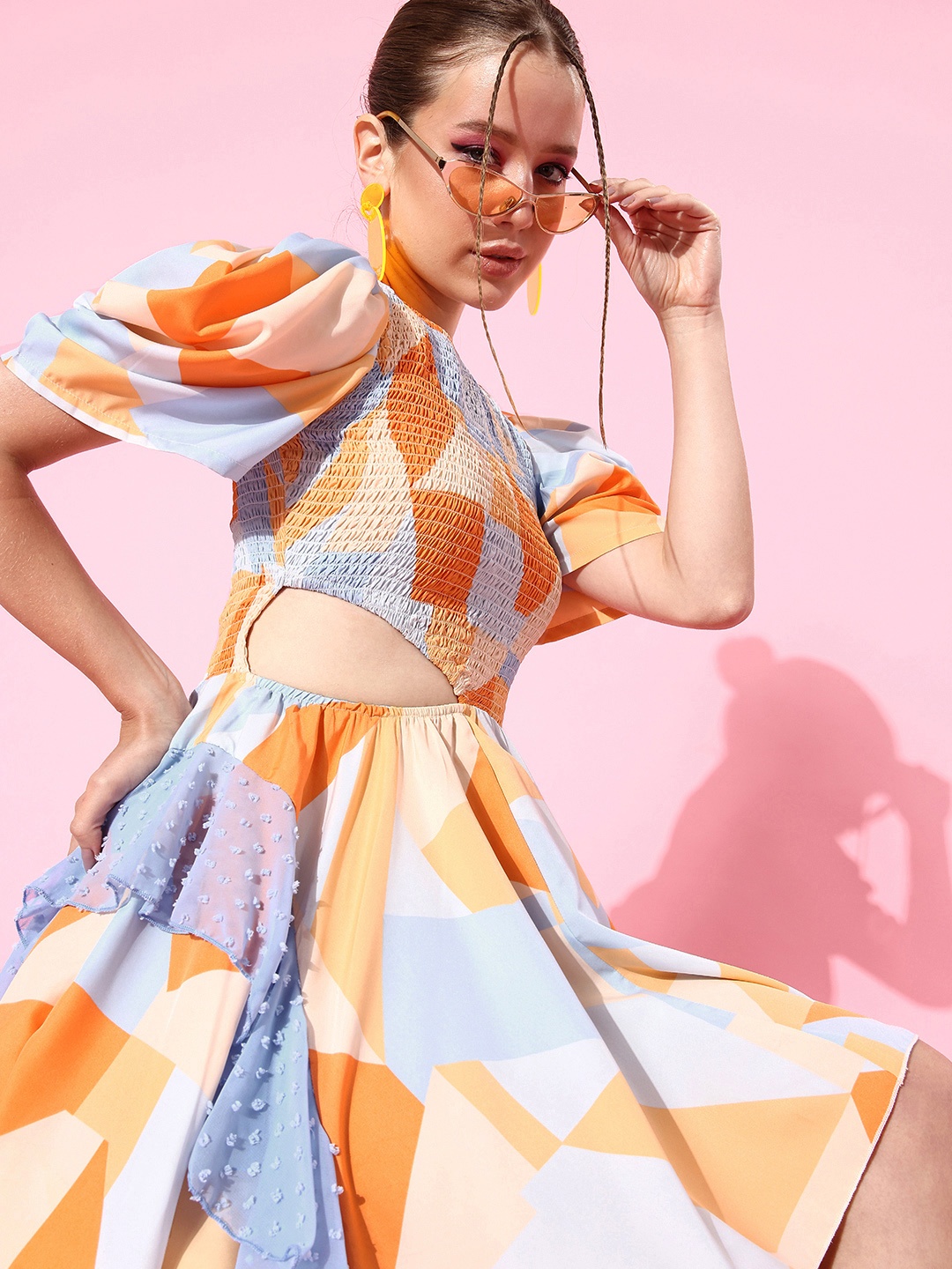 

KASSUALLY Orange & Blue Cut-Out Crepe Dress