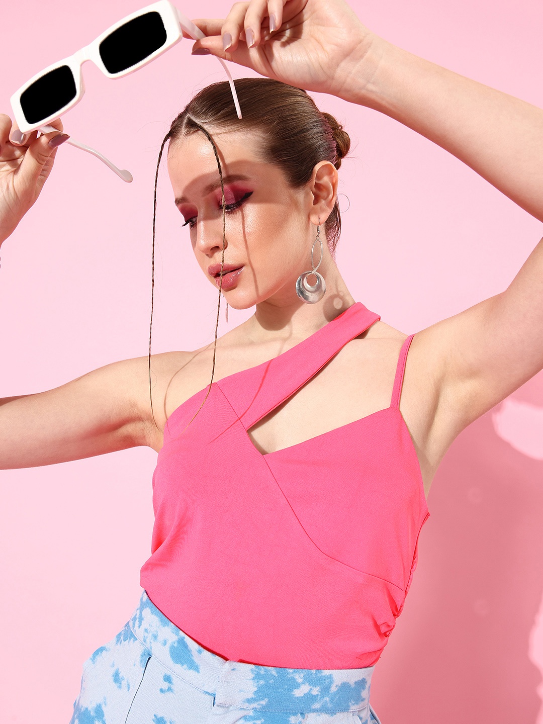 

KASSUALLY Pink One Shoulder Crop Top