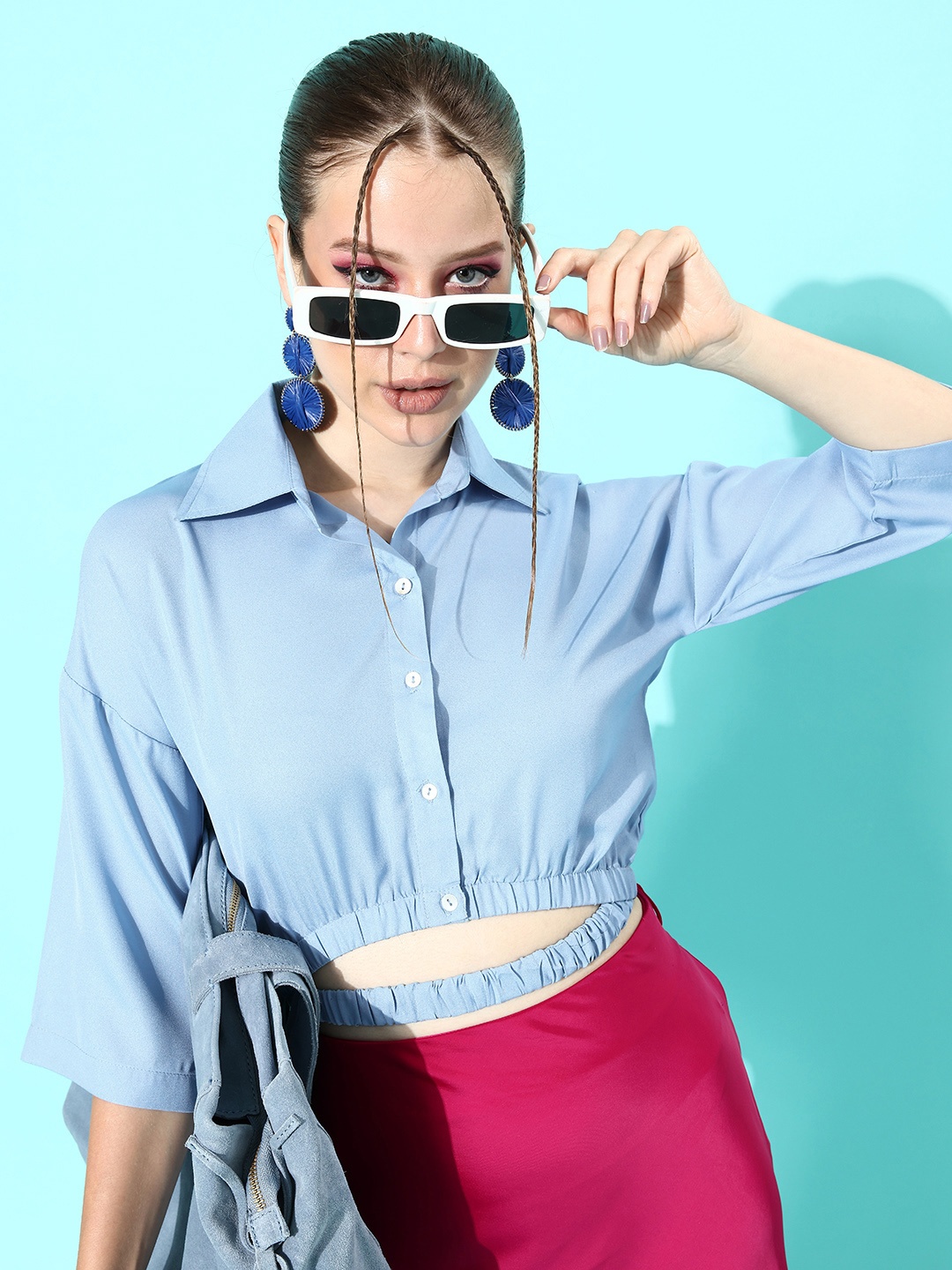 

KASSUALLY Elegant Blue Solid Midriff Flossing Top