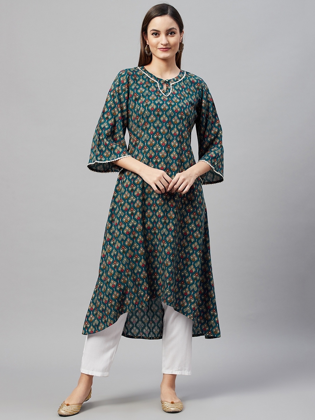 

V TRADITION Women Teal & Red Ethnic Motifs Print Keyhole Neck Flared Sleeves Kurta