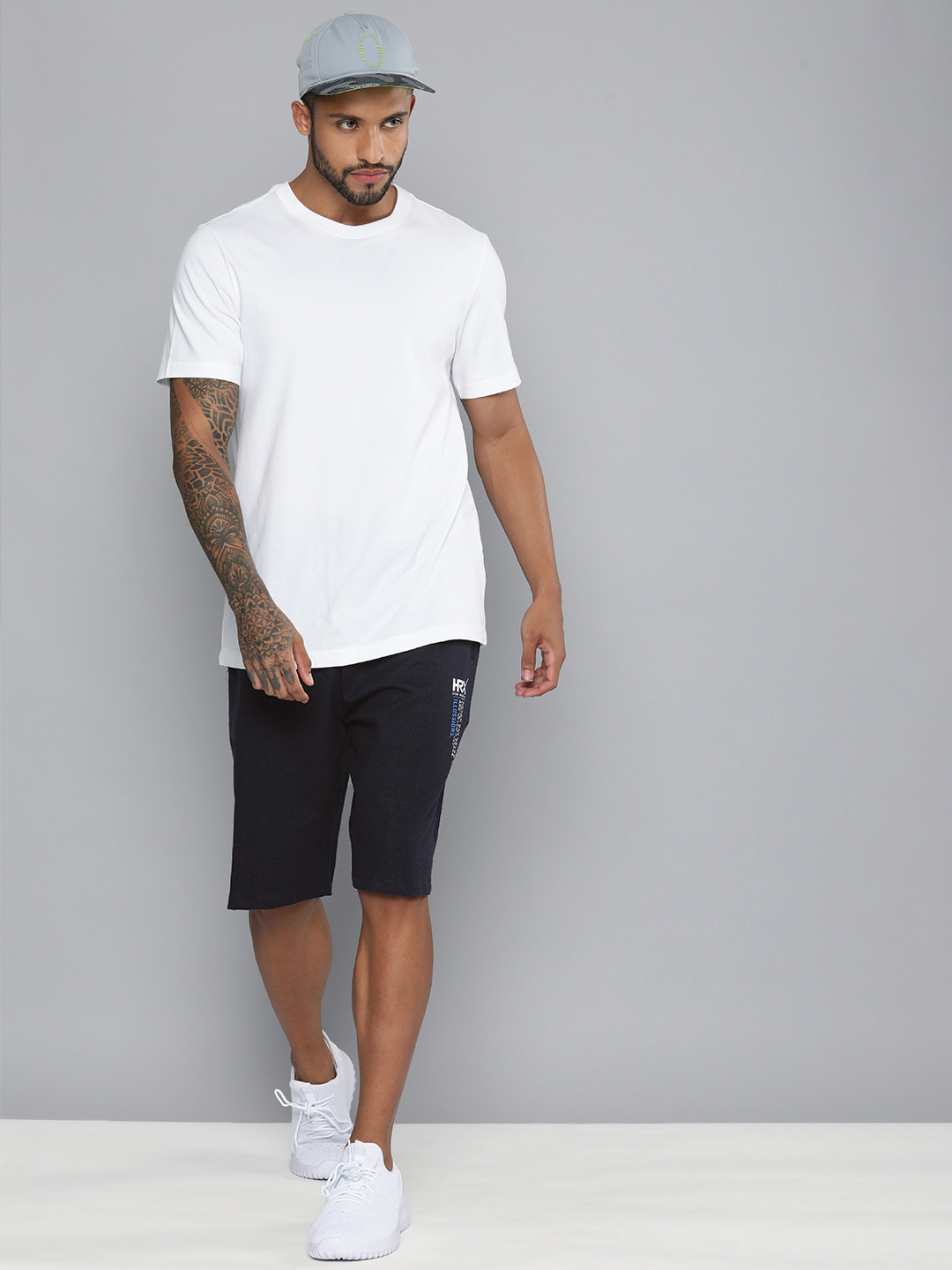 

HRX by Hrithik Roshan Men Navy Blue & White Pure Cotton Typography Printed Shorts