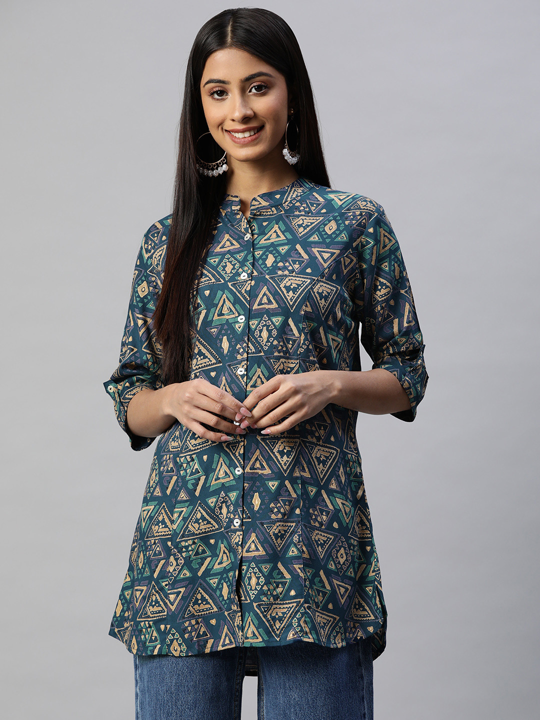 

Divena Women Navy Blue & Beige Printed Shirt Style Top
