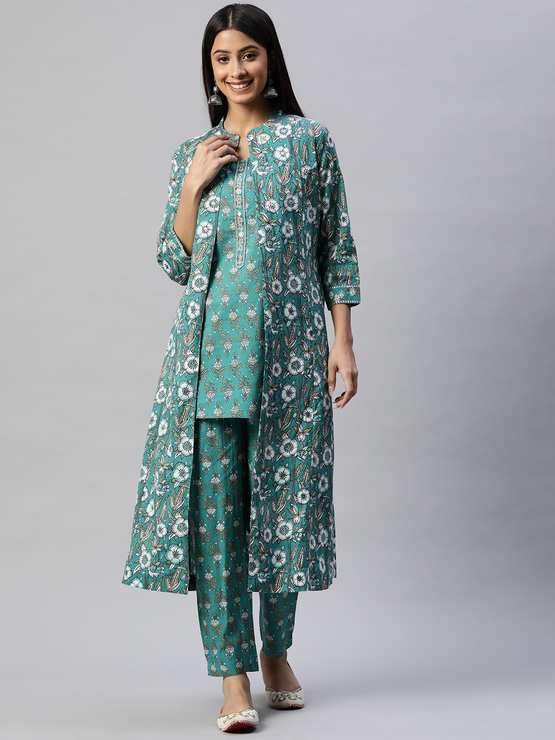 

Divena Women Green Ethnic Motifs Printed Pure Cotton Kurta with Trousers & Jacket