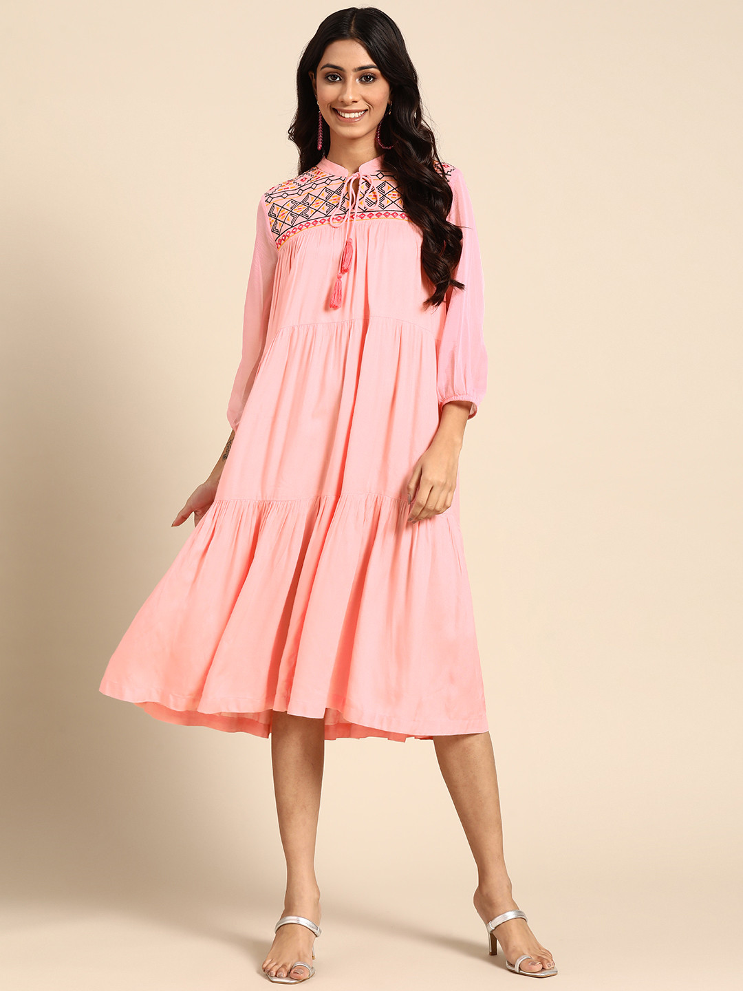 

Sangria Women Pink Ethnic Motifs Embroidered Tiered Ethnic Dress