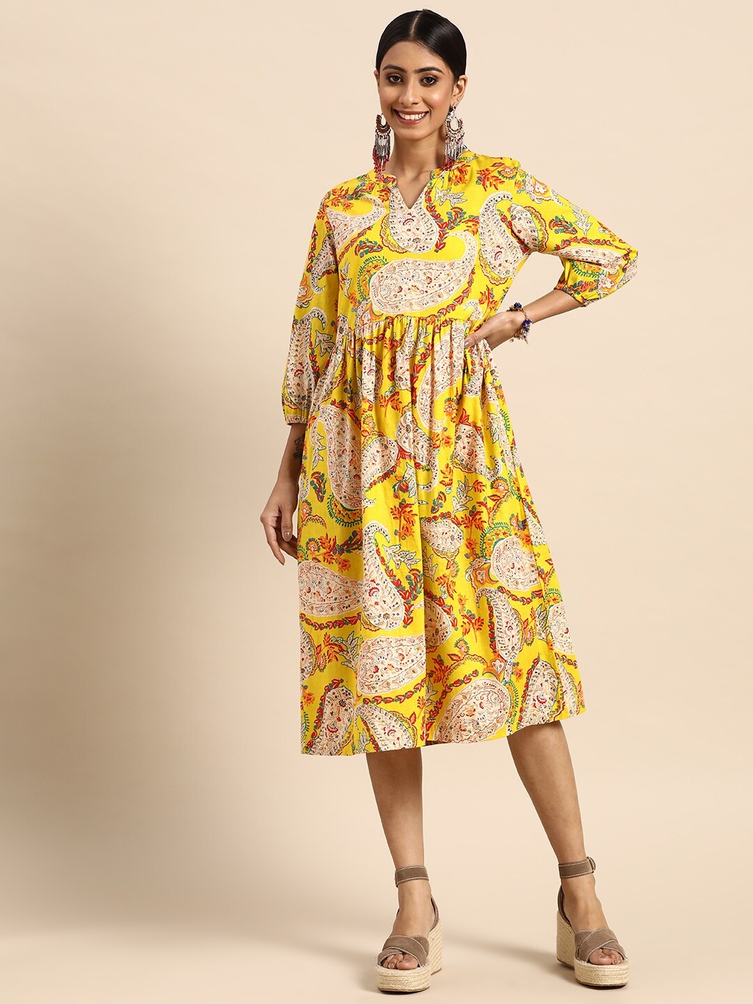 

Sangria Yellow & Red Ethnic Motifs Print Pure Cotton A-Line Ethnic Dress