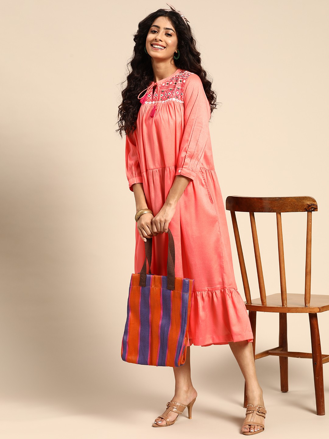 

Sangria Peach-Coloured Ethnic Motifs Embroidered A-Line Midi Dress