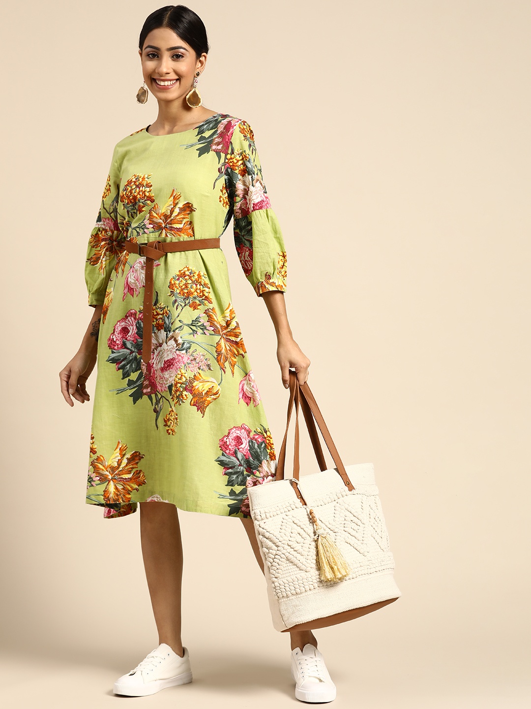 

Sangria Green & Pink Pure Cotton Floral A-Line Midi Dress