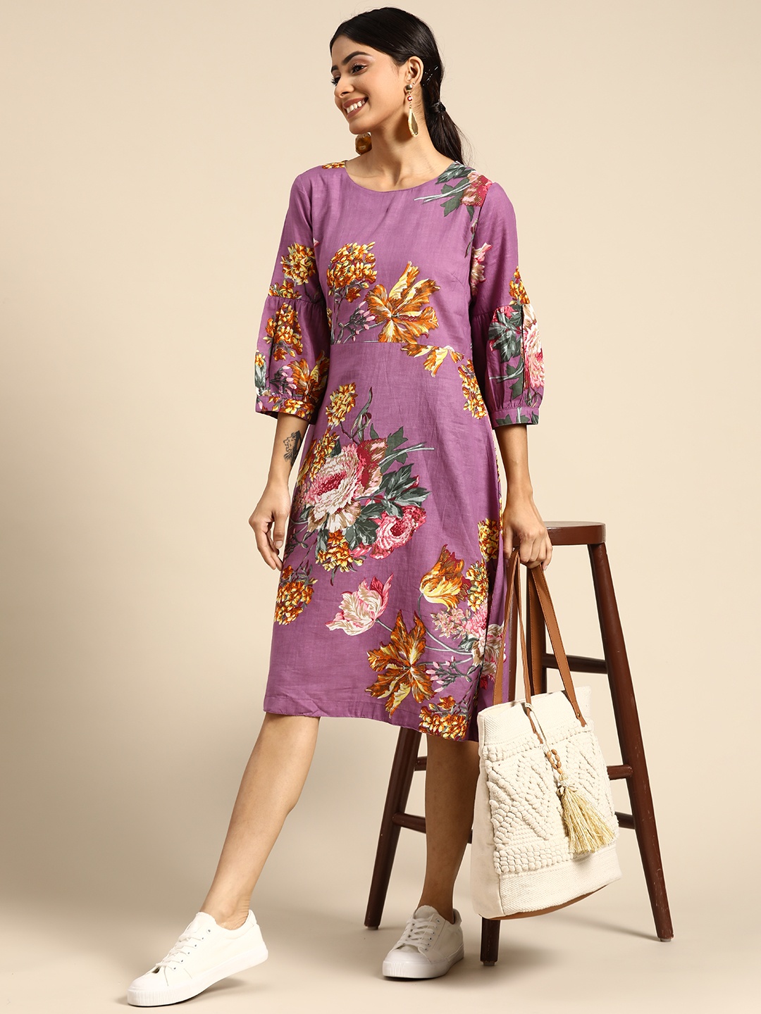 

Sangria Magenta & Mustard Yellow Pure Cotton Floral A-Line Midi Dress