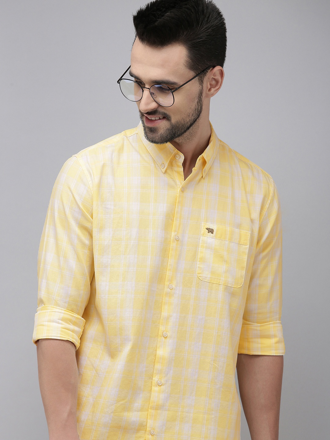 

THE BEAR HOUSE Men Yellow Slim Fit Tartan Checks Checked Casual Shirt