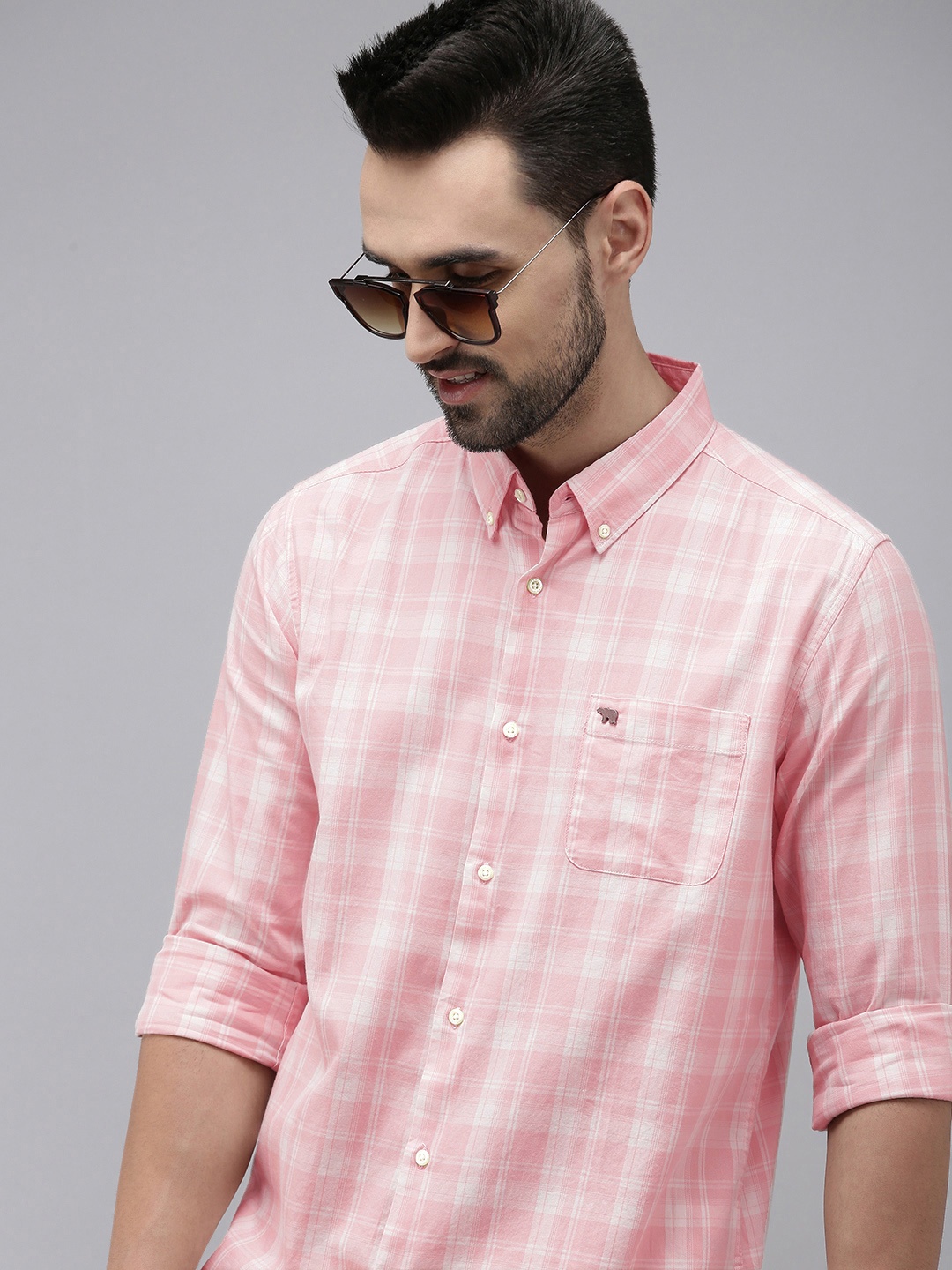 

THE BEAR HOUSE Men Pink Slim Fit Tartan Checks Checked Casual Shirt