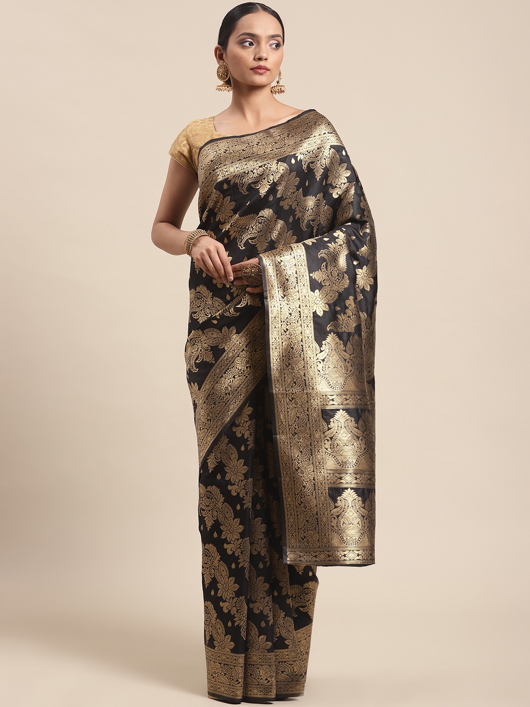 

Silk Land Black & Gold-Toned Floral Zari Banarasi Saree