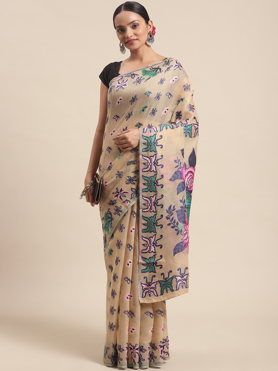 

Silk Land Beige & Pink Floral Pure Cotton Jamdani Saree