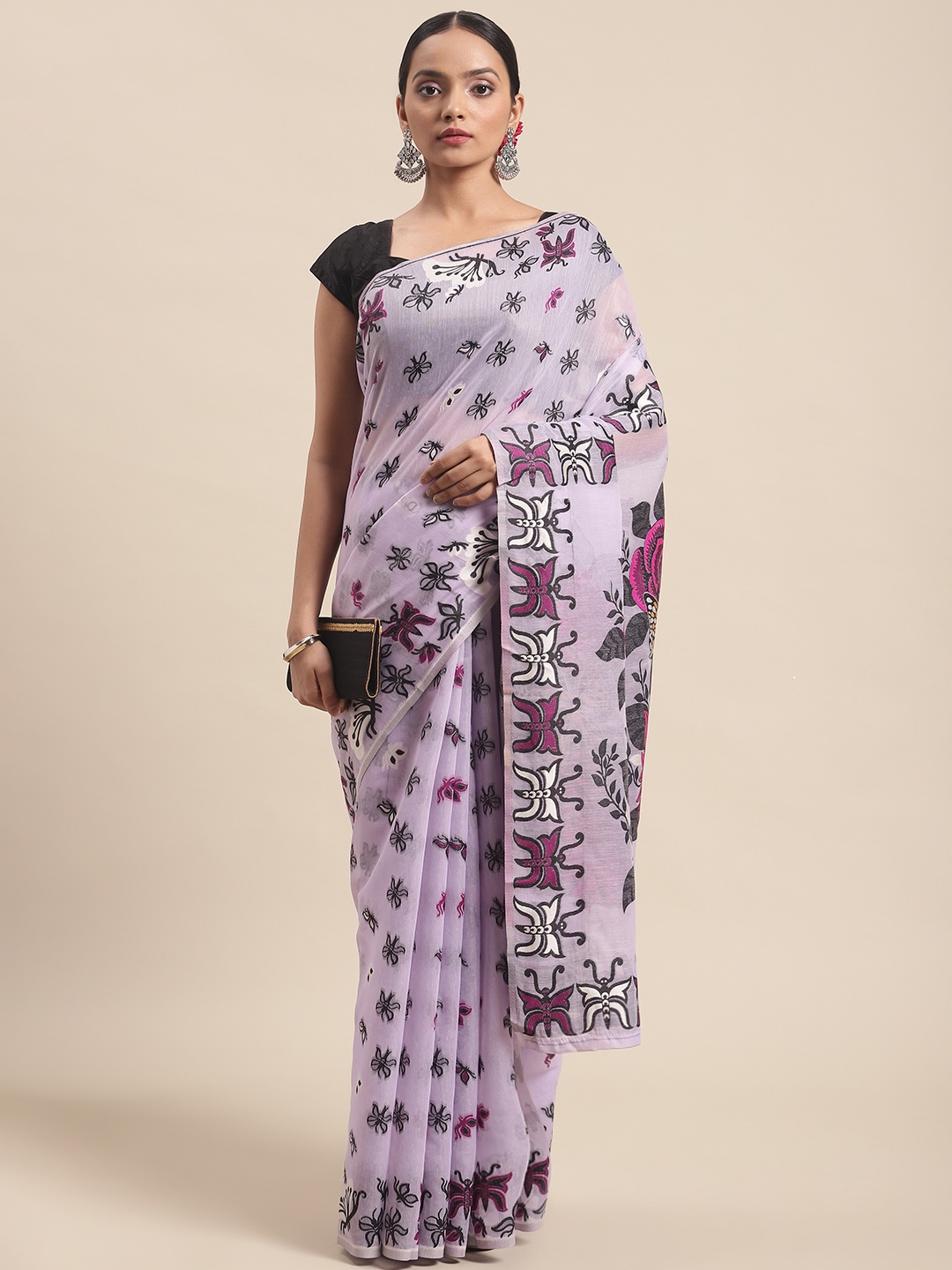 

Silk Land Purple & Grey Floral Pure Cotton Jamdani Saree