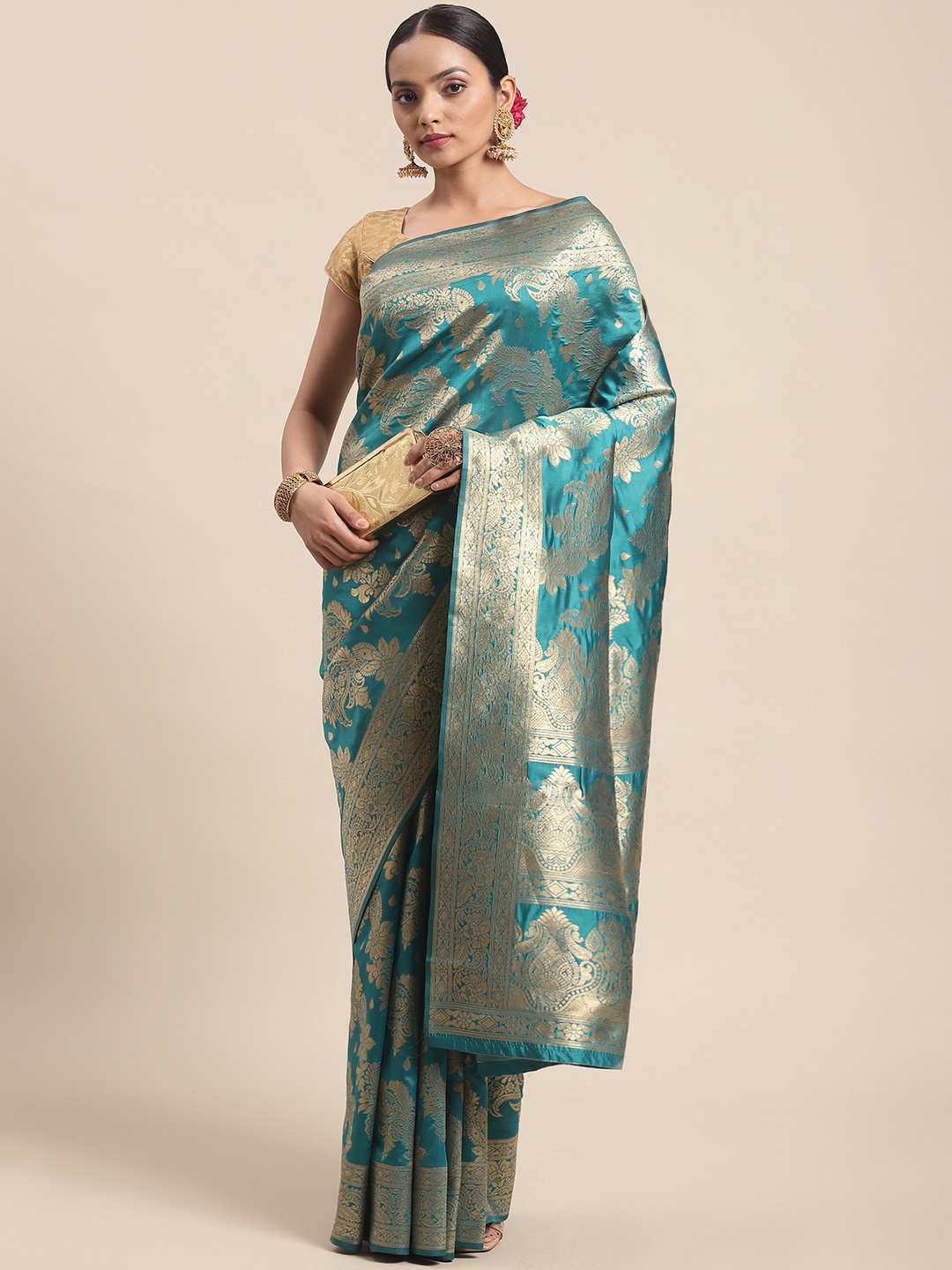 

Silk Land Teal & Gold-Toned Floral Zari Pure Silk Fusion Banarasi Saree