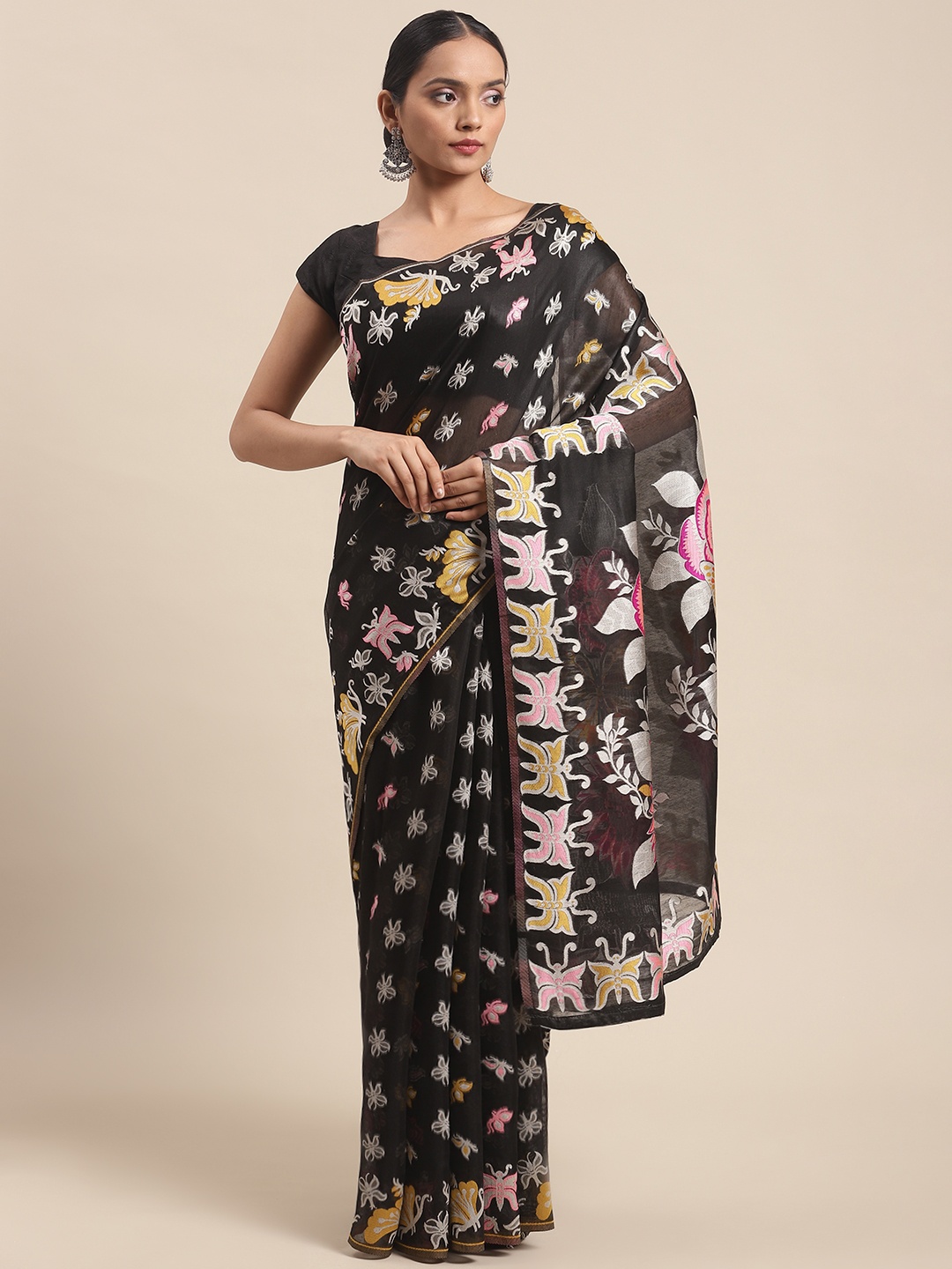 

Silk Land Black & Pink Floral Pure Cotton Jamdani Saree