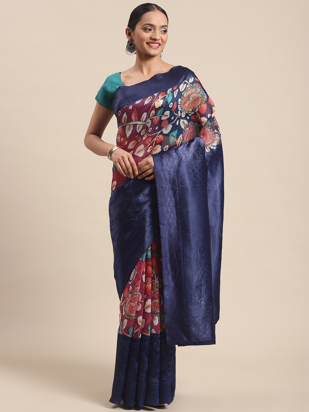 

Silk Land Navy Blue & Purple Floral Pure Silk Saree