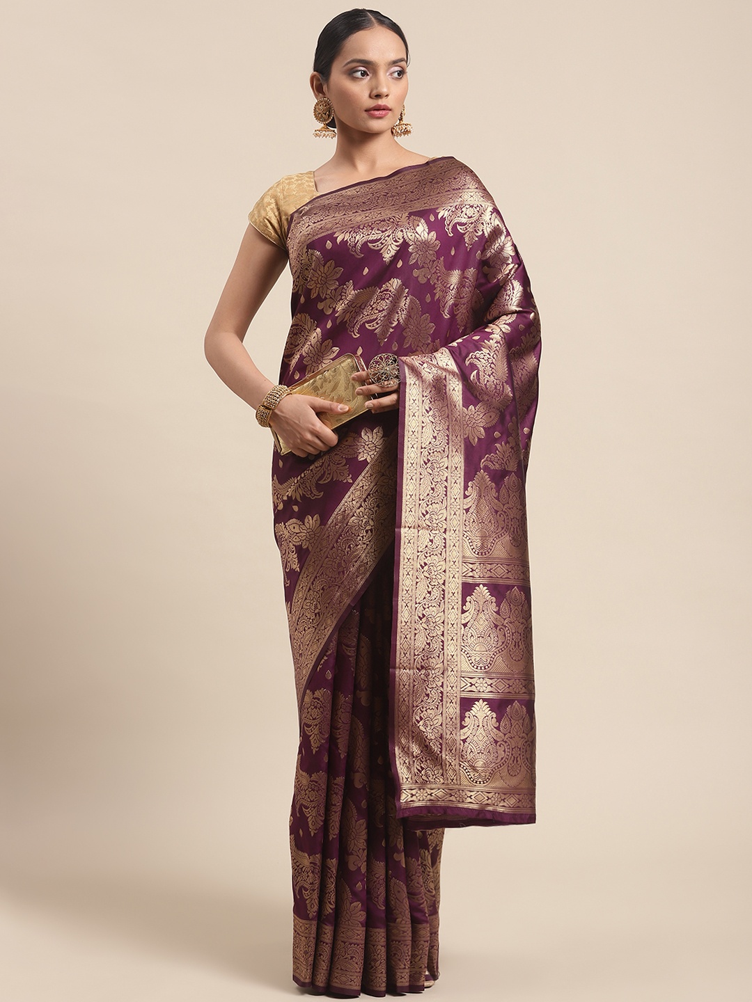 

Silk Land Purple & Gold-Toned Ethnic Motifs Zari Pure Silk Banarasi Saree