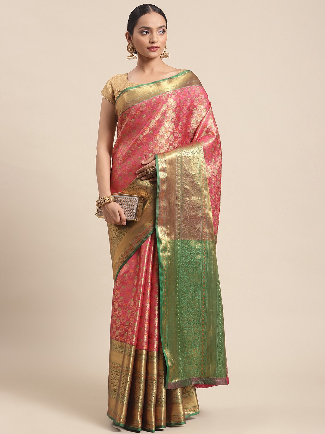 

Silk Land Pink & Green Ethnic Motifs Zari Banarasi Saree