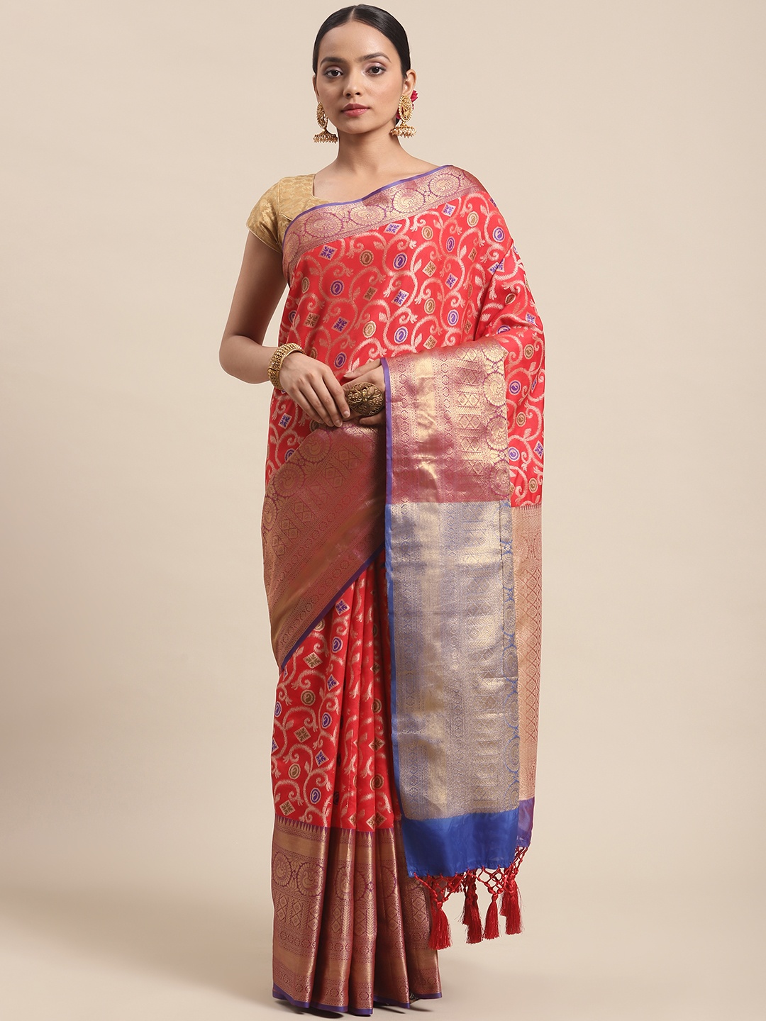 

Silk Land Red & Gold-Toned Floral Zari Pochampally Saree