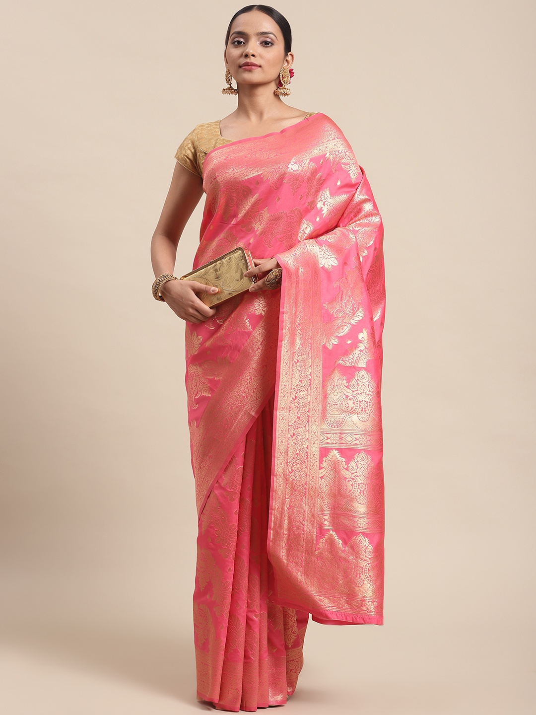 

Silk Land Pink & Gold-Toned Ethnic Motifs Zari Fusion Banarasi Saree